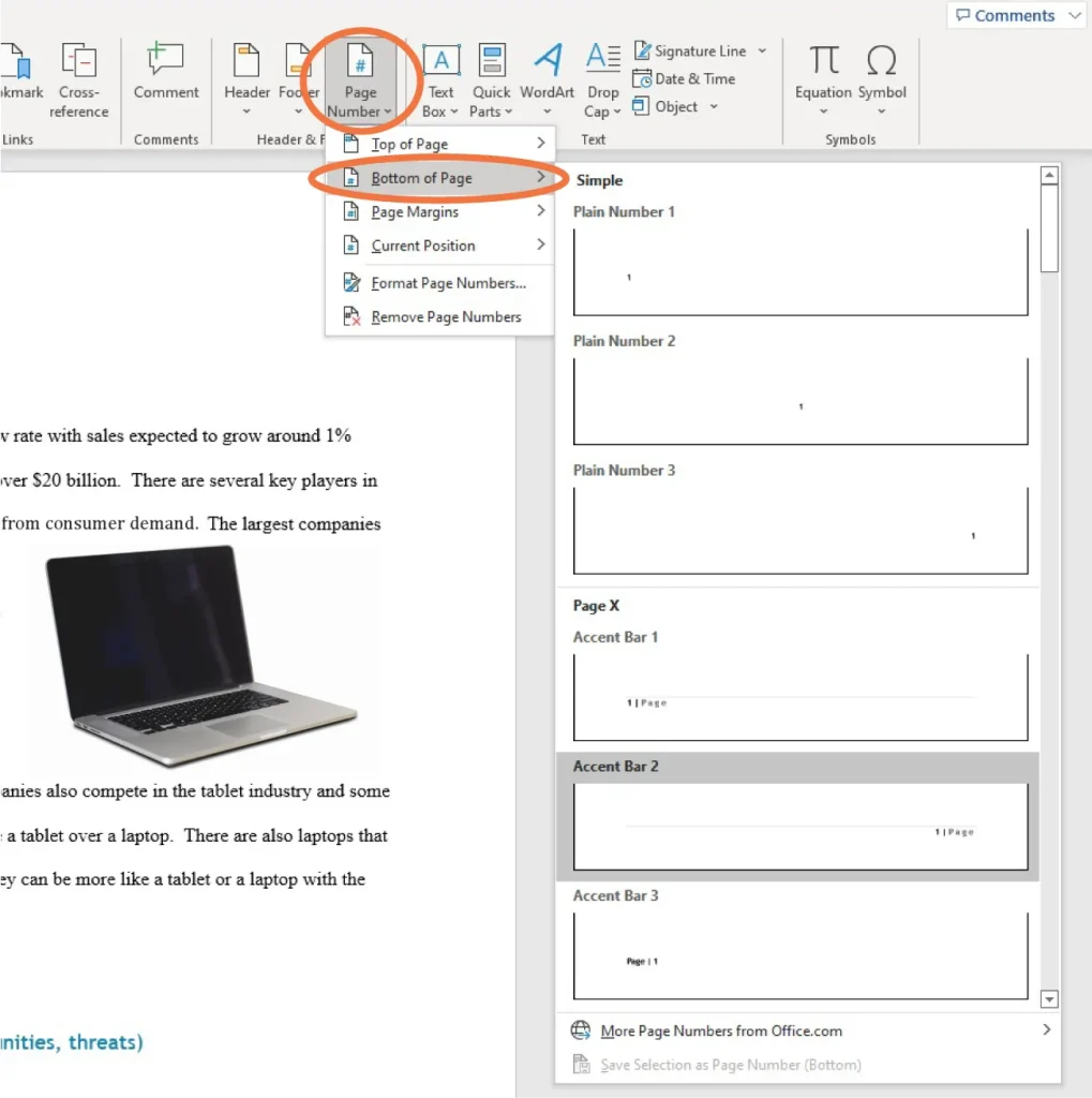 Screenshot of Microsoft Word with the "Insert" tab selected. The "Page Number" dropdown menu is open, and the "Bottom of Page" option is highlighted. Various page number styles are shown on the right, including Simple, Page X, and several Accent Bar formats. A laptop image is embedded in the document, which contains partially visible text discussing sales growth and comparisons between tablets and laptops.