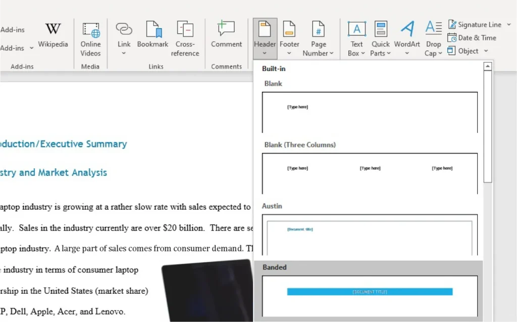 Screenshot of Microsoft Word with the "Insert" tab selected. The document includes headings "Introduction/Executive Summary" and "Industry and Market Analysis" with text discussing the laptop industry's growth and major players. A dropdown menu on the right displays built-in cover page options such as Blank, Austin, and Banded.