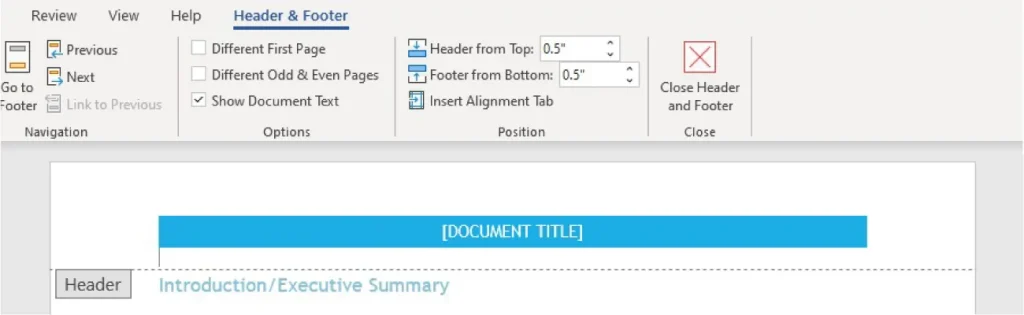 Screenshot of a word processing software with the "Header & Footer" tab selected. The toolbar includes navigation buttons like "Previous" and "Next," options such as "Go to Footer," and checkboxes for "Different First Page" and "Different Odd & Even Pages." Header and footer positions are set to 0.5 inches. The document displays a highlighted section labeled "[DOCUMENT TITLE]" and a header titled "Introduction/Executive Summary."