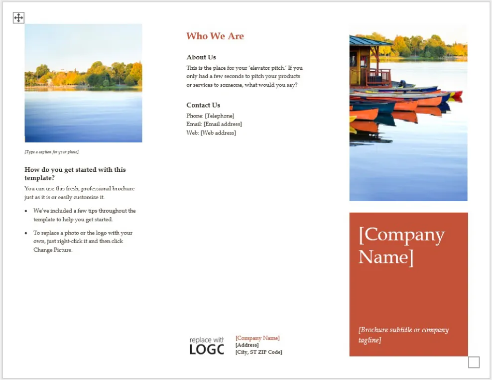 Brochure template featuring sections titled "Who We Are," "About Us," and "How do you get started with this template?" The layout includes placeholder text for an elevator pitch, contact details, and company information. The left panel displays a placeholder image of a serene lake, while the right panel shows colorful boats on water. The center panel contains instructions for customizing the template and space for a company logo, name, address, and tagline.
