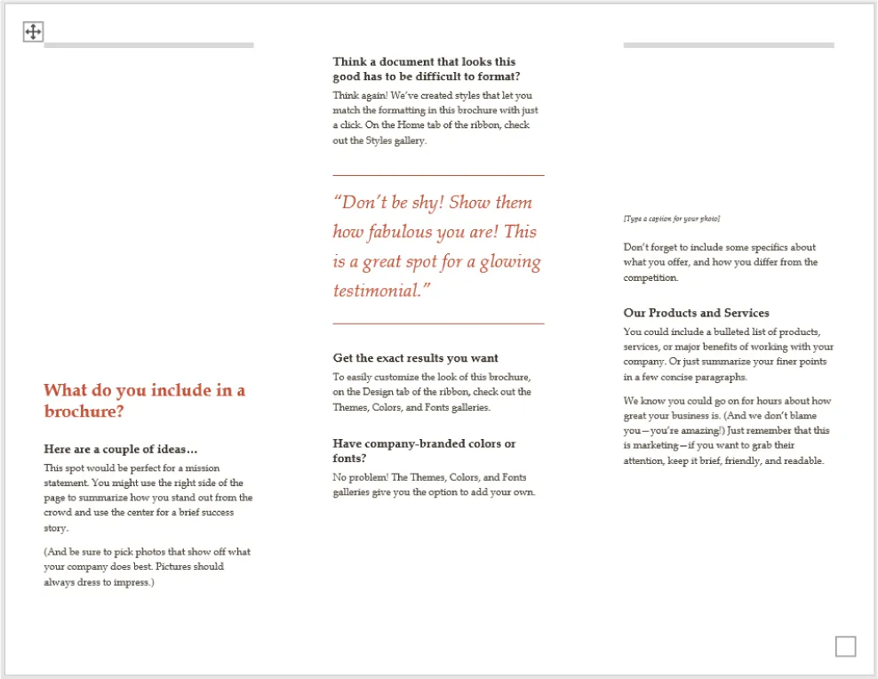Brochure layout with three columns of content. The left column, titled "What do you include in a brochure?", suggests adding a mission statement, success story, and impactful photos. The center column discusses formatting options using styles, themes, colors, and fonts, and includes a testimonial quote: "Don't be shy! Show them how fabulous you are!" The right column advises including specific details about products and services, and emphasizes keeping the content brief, friendly, and readable.
