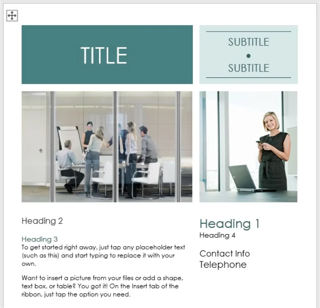PowerPoint slide template with a teal and white color scheme. The slide includes a large title area labeled "TITLE" and a subtitle area labeled "SUBTITLE • SUBTITLE." Below are two images: one showing a group of people in a glass-walled meeting room, and another of a person standing next to a laptop. Text placeholders are labeled with headings such as "Heading 1," "Heading 2," "Heading 3," and "Heading 4," along with body text and a section for contact information including "Telephone."