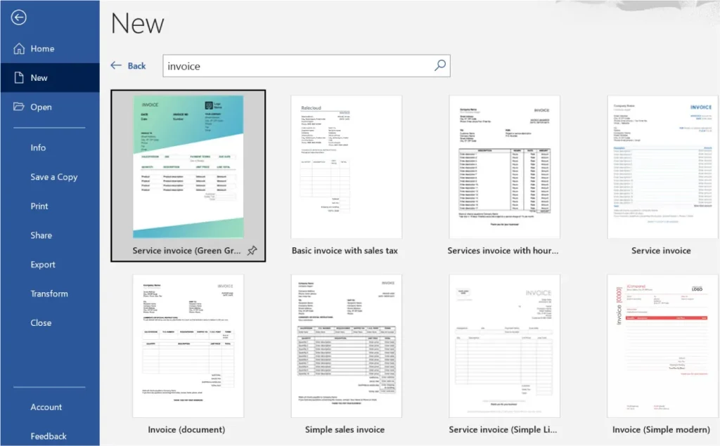 Screenshot of the Microsoft Word "New" document screen with the search term "invoice" entered. Several invoice templates are displayed, including "Service invoice (Green Gradient)," "Basic invoice with sales tax," and "Services invoice with hourly rate." The left sidebar includes navigation options like Home, New, Open, Info, Save a Copy, Print, Share, Export, Transform, Close, Account, and Feedback.