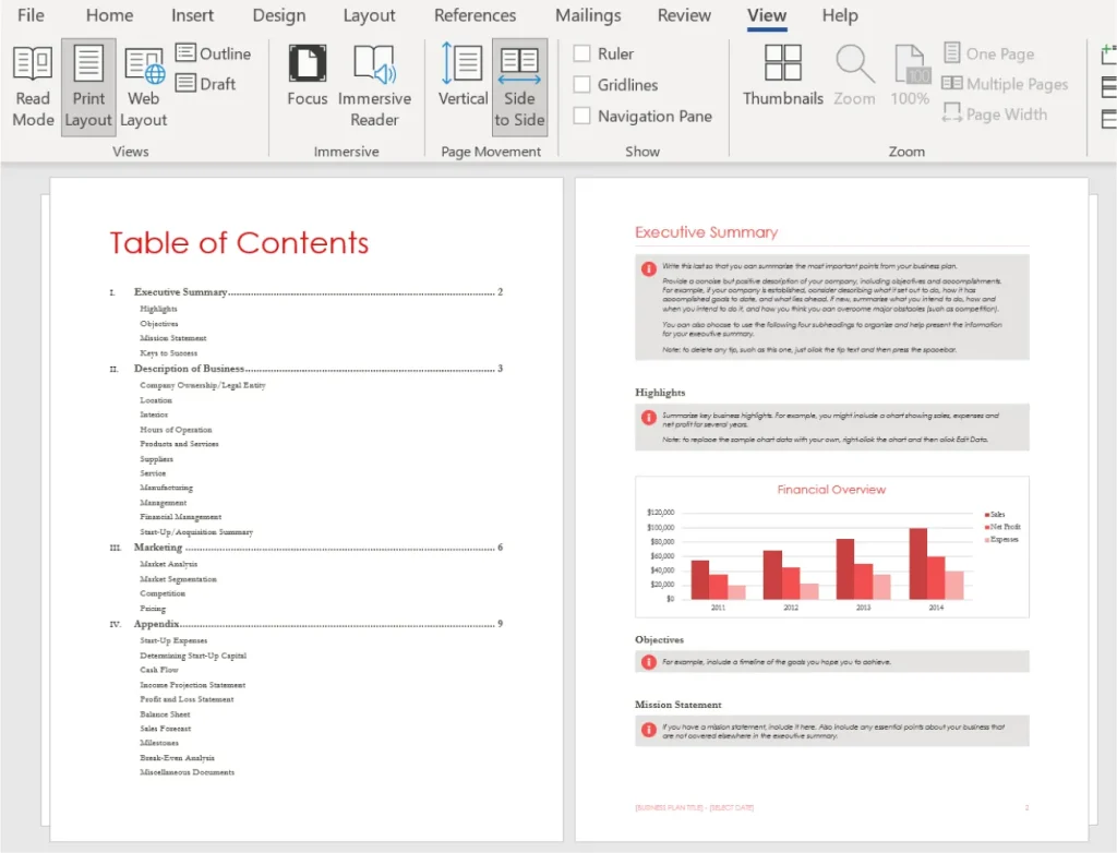 Screenshot of a two-page Microsoft Word document. The left page displays a "Table of Contents" listing sections such as Executive Summary, Description of Business, Marketing, and Appendix, each with subtopics and page numbers. The right page is titled "Executive Summary" and includes sections for Highlights, Objectives, Mission Statement, and a Financial Overview featuring a bar graph with data from 2021 to 2024 labeled Sales Revenue, Gross Margin, Net Profit, and Expenses.