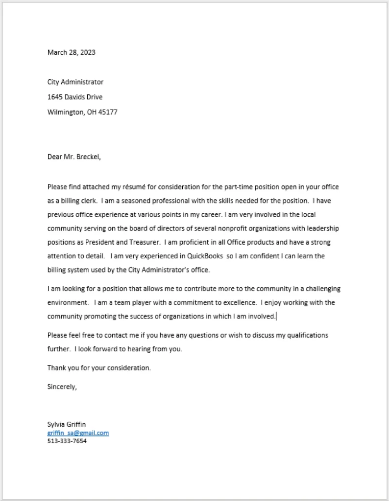A formal cover letter dated March 28, 2023, from Sylvia Griffin to the City Administrator at 1645 Davids Drive, Wilmington, OH 45177. The letter expresses interest in a part-time billing clerk position, highlighting Sylvia’s office experience, leadership roles in nonprofit organizations, proficiency in Microsoft Office and QuickBooks, and dedication to community service. Contact details include an email address and a phone number.
