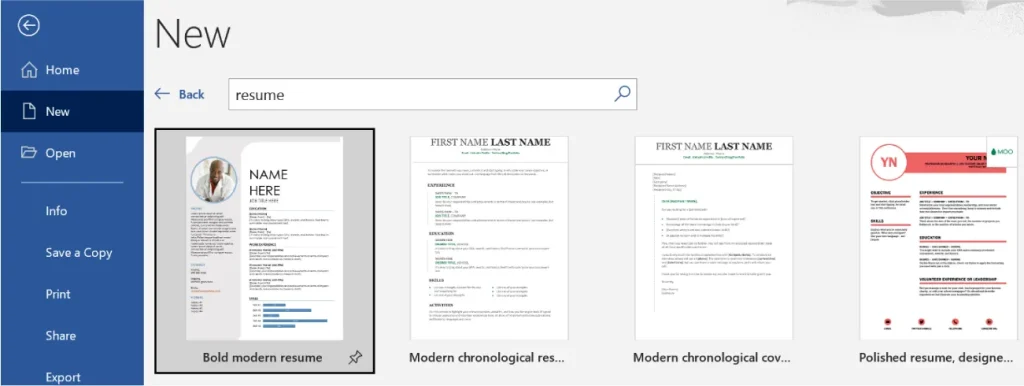 Screenshot of the Microsoft Word template selection screen with "resume" entered in the search bar. Four resume templates are displayed: "Bold modern resume" (highlighted, with a circular profile picture and sections for contact info, experience, education, and skills), "Modern chronological resume" (traditional layout with chronological sections), "Modern chronological cover letter" (matching cover letter template), and "Polished resume" (red header with initials and sections for creative experience, education, and hobbies).