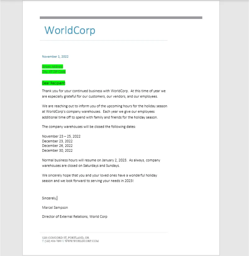 Screenshot of a formal letter from WorldCorp dated November 1, 2022, addressed to "Dear Recipient." The letter announces holiday season warehouse closures on November 23–25, December 23, December 26, and December 30, 2022. Normal operations resume January 2, 2023. It expresses gratitude to customers, vendors, and employees, and is signed by Marcel Sampson, Director of External Relations at WorldCorp. Contact details are listed at the bottom.
