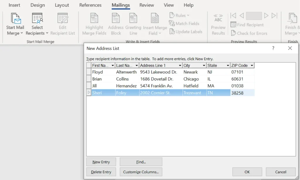 Screenshot of Microsoft Word with the "Mailings" tab selected. A "New Address List" dialog box is open, showing a table with columns for First Name, Last Name, Address Line 1, City, State, and ZIP Code.