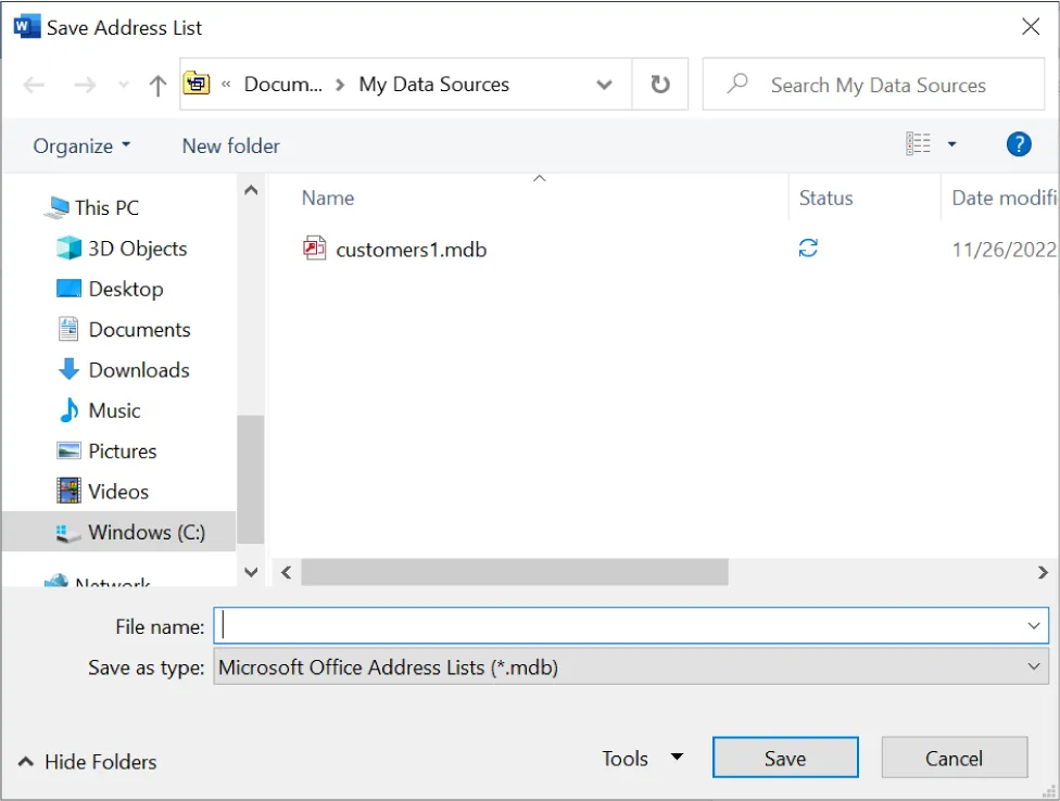 Screenshot of the "Save Address List" dialog box in Microsoft Word. The window displays the directory path "Documents > My Data Sources" with a file named "customers1.mdb" listed, showing a modified date of 11/26/2022. Below, there is a field to enter a file name and a "Save as type" dropdown set to "Microsoft Office Address Lists (*.mdb)." Buttons for "Save," "Cancel," and a dropdown for additional tools appear at the bottom.