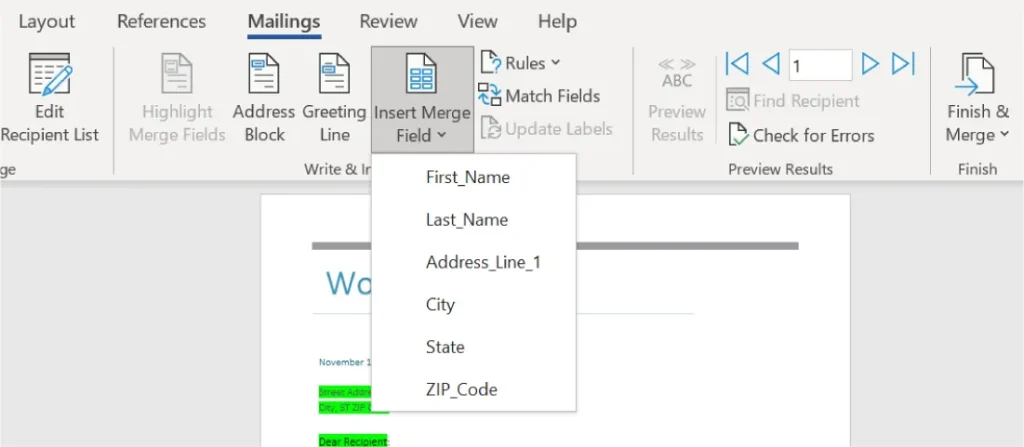 Screenshot of the "Mailings" tab in Microsoft Word. The toolbar displays options like "Edit Recipient List," "Highlight Merge Fields," "Address Block," and "Greeting Line." A dropdown menu under "Insert Merge Field" is open, showing fields such as First_Name, Last_Name, Address_Line_1, City, State, and ZIP_Code. A partially visible document with highlighted text appears below the toolbar.