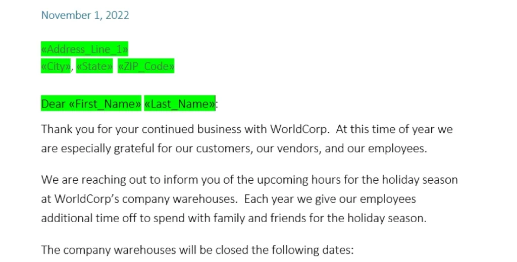 Screenshot of a letter with the address and name highlighted in green