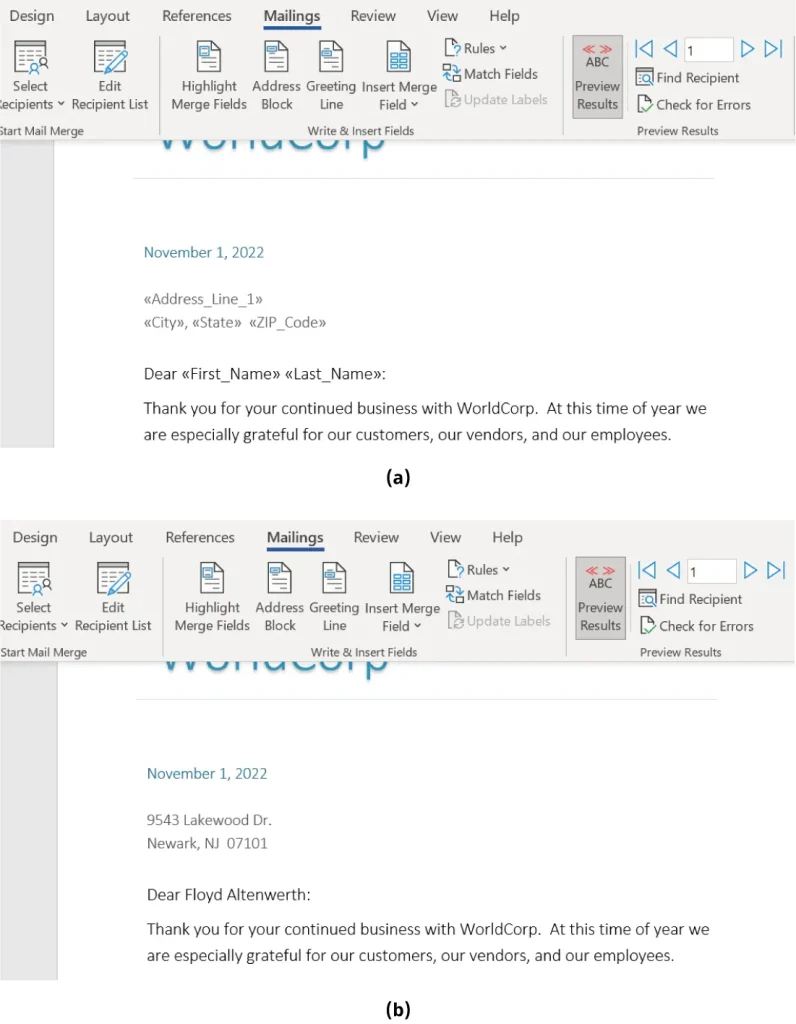 Two screenshots of a mail merge process in Microsoft Word. Screenshot (a) shows a letter template with placeholders for address and name fields, such as «Address_Line_1», «City», «State», «ZIP_Code», «First_Name», and «Last_Name». Screenshot (b) displays the same letter with actual data filled in, addressed to Floyd Altenwerth at 9543 Lakewood Dr., Newark, NJ 07101.