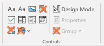 Screenshot of a toolbar interface divided into two sections. The left section includes icons for font settings, inserting images, and other controls. The right section, labeled "Controls," features options such as "Design Mode," "Properties," and "Group." Several icons are marked with an orange 'X,' indicating they are disabled or unavailable.