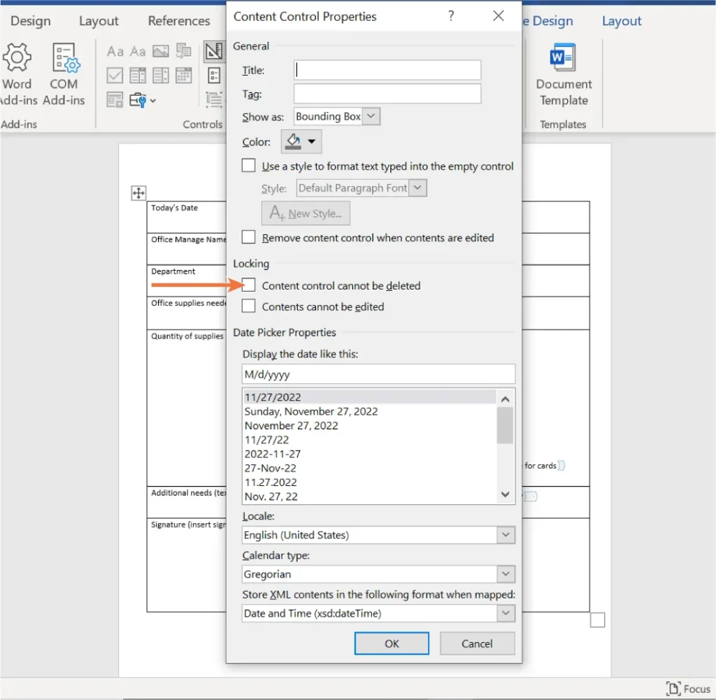 Screenshot of the "Content Control Properties" dialog box in Microsoft Word. It includes fields for Title and Tag, options to display the content control as a bounding box, and checkboxes to prevent deletion or editing. The lower section shows Date Picker Properties with selectable date formats such as M/d/yyyy and various styles of November 27, 2022. The locale is set to English (United States), and the calendar type is Gregorian.