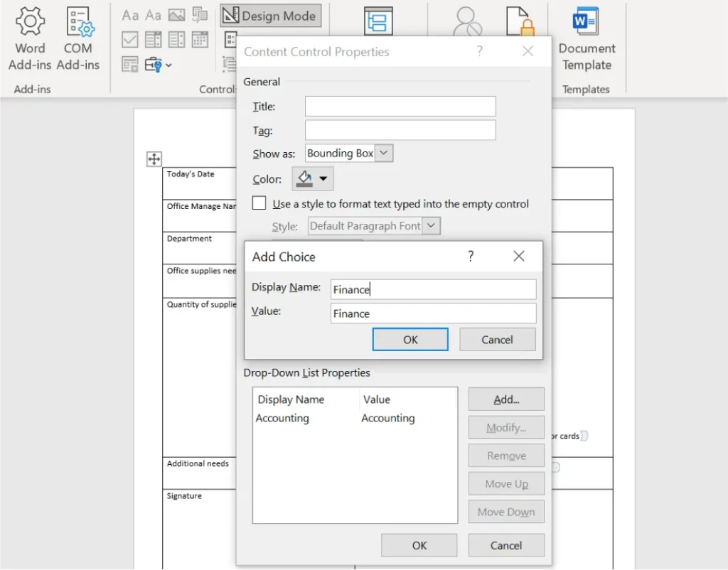 Screenshot of Microsoft Word with the "Content Control Properties" dialog box open. Inside it, a smaller "Add Choice" window is active, showing a new dropdown option being added with both display name and value set to "Finance." The "Drop-Down List Properties" section below includes an existing entry for "Accounting." In the background, a partially visible document template includes fields like "Today's Date" and "Office Manager Name." The Word toolbar is visible at the top with design and formatting options.