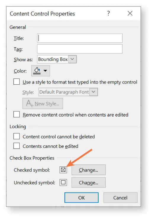Screenshot of the "Content Control Properties" dialog box in a software application. It includes sections for General settings (Title, Tag), display options (Show as: Bounding Box, Color), and Locking options with checkboxes to prevent deletion or editing. The Check Box Properties section shows the checked symbol as ☒ and the unchecked symbol as ☐, with an orange arrow pointing to the "Checked symbol" option.