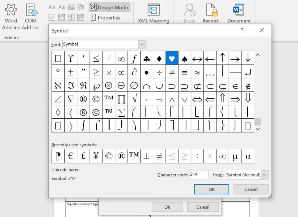 Screenshot of the "Symbol" dialog box in Microsoft Word. The dialog box displays a grid of symbols including mathematical operators, arrows, and special characters, with the font set to "Symbol." A blue heart symbol is highlighted. Below the grid is a section for recently used symbols. At the bottom, it shows "Unicode name: Symbol," "Character code: 214," and "from: Symbol (decimal)." Buttons labeled "OK," "Cancel," and a smaller "OK" are visible at the bottom.