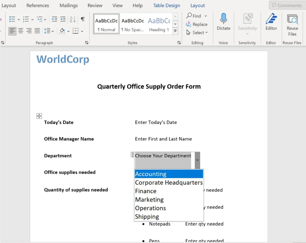 Screenshot of a document titled "Quarterly Office Supply Order Form" from WorldCorp. The form includes fields for Today's Date, Office Manager Name, Department, Office supplies needed, and Quantity of supplies needed. The Department field features a dropdown menu with options: Accounting, Corporate Headquarters, Finance, Marketing, Operations, and Shipping.