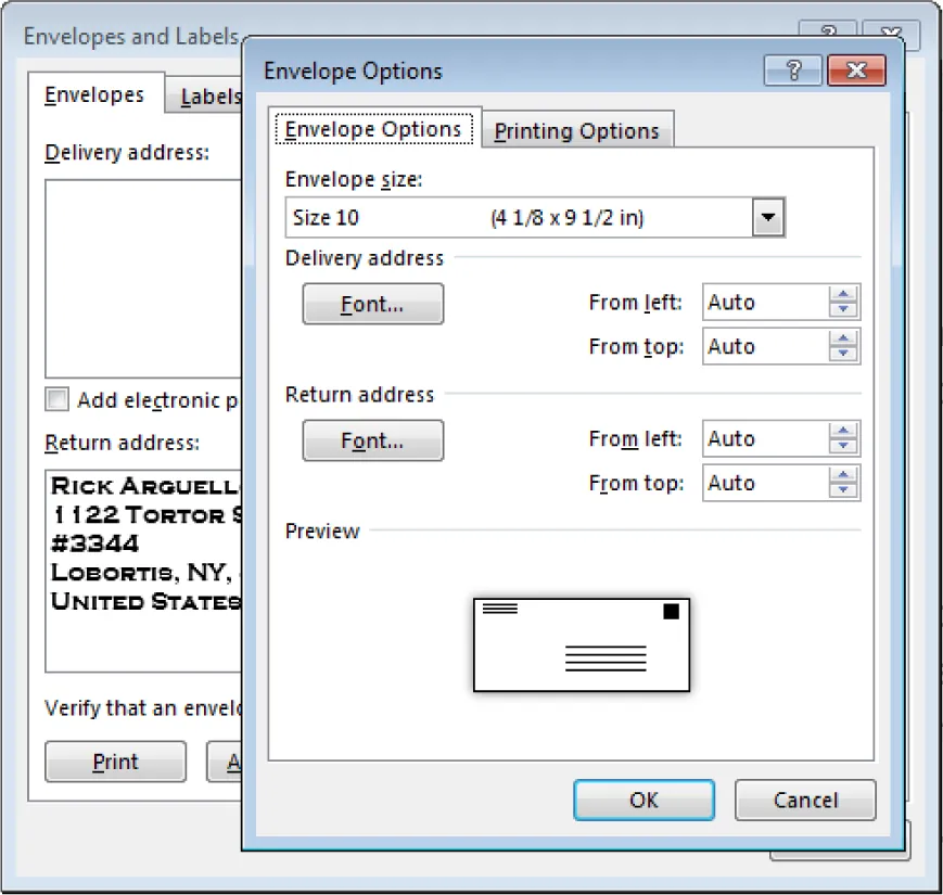 Screenshot of a computer screen showing the "Envelopes and Labels" window in a word processing application. The "Envelope Options" dialog box is open in the foreground, displaying settings for envelope size, delivery and return addresses, and layout preview. The delivery address field contains: Rick Arguelles, 1122 Tortor St #3344, Lobortis, NY, United States. Buttons for adjusting font and positioning for both addresses are visible. The background window includes tabs labeled "Envelopes" and "Labels."