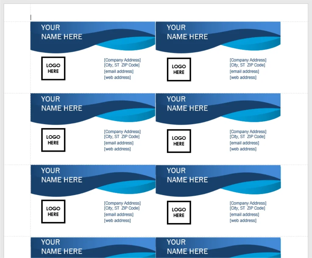 Template for business cards featuring a blue wave design at the top. Each of the ten identical cards includes placeholders for "YOUR NAME HERE," "LOGO HERE," and contact details such as "[Company Address]," "[City, ST ZIP Code]," "," and "[web address]." The cards are arranged in two columns and five rows.