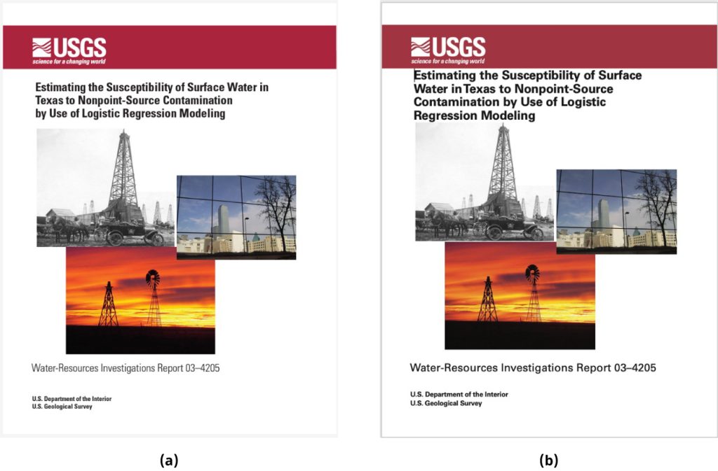 wo covers of the USGS Water-Resources Investigations Report 03-4205 titled "Estimating the Susceptibility of Surface Water in Texas to Nonpoint-Source Contamination by Use of Logistic Regression Modeling." Both covers have a red header with the USGS logo and title, black-and-white images of oil rigs, a color image of a sunset with an oil rig and windmill, and an image of buildings. The left cover is labeled (a) and the right cover is labeled (b). The bottom text reads "U.S. Department of the Interior U.S. Geological Survey.
