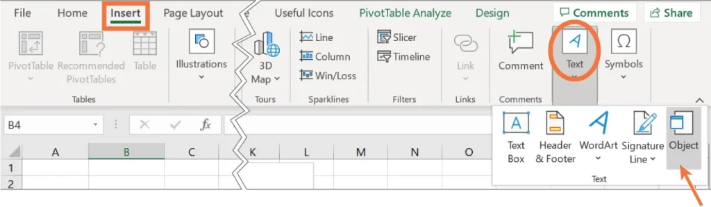 A screenshot of Microsoft Excel showing the "Insert" tab selected in the ribbon. The "Text" option is circled in orange, revealing a dropdown menu with options: "Text Box," "Header & Footer," "WordArt," "Signature Line," and "Object." The spreadsheet in the background displays columns A to O and rows 1 and 2.