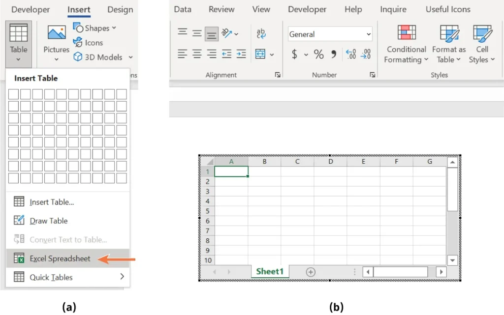 A two-part image showing how to insert an Excel spreadsheet into a Word document. Part (a) displays the "Insert" tab in Microsoft Word with a dropdown menu for table options, including "Insert Table," "Draw Table," "Convert Text to Table," "Excel Spreadsheet," and "Quick Tables." An orange arrow highlights the "Excel Spreadsheet" option. Part (b) shows an embedded Excel spreadsheet within Word, featuring a blank grid with columns A to G and rows 1 to 10, with cell A1 selected on a sheet named "Sheet1."