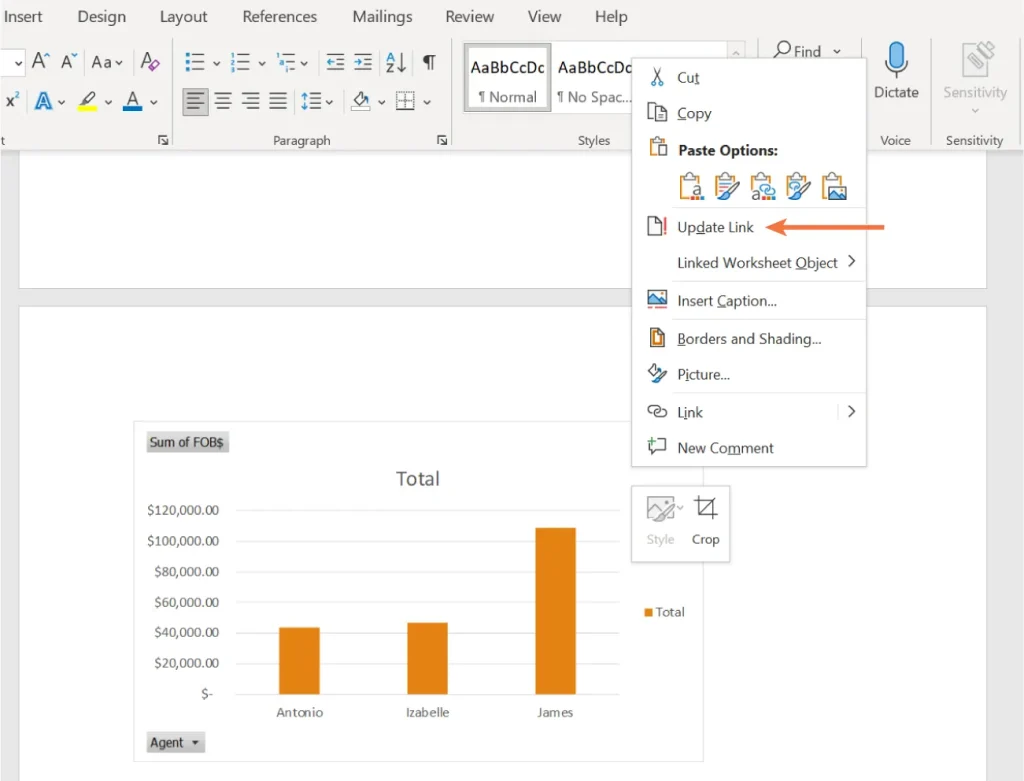 A screenshot of a Microsoft Word document displaying a bar chart titled "Total," which shows the sum of FOBs for three agents: Antonio (~$60,000), Izabelle (~$80,000), and James (~$110,000). A context menu is open beside the chart, with options including Cut, Copy, Paste Options, Update Link (highlighted with an arrow), Linked Worksheet Object, Insert Caption, Borders and Shading, Picture, Link, and New Comment.