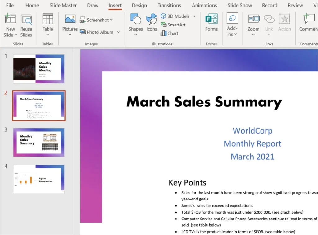 A PowerPoint slide titled "March Sales Summary" with a gradient purple background. It features the heading "WorldCorp Monthly Report March 2021" and a "Key Points" section listing sales highlights, including strong monthly performance, James’s exceptional sales, total FOB just under $200,000, and top-selling items like Computer Service and Cellular Phone Accessories. LCD TVs are noted as the product leader in FOB. On the left, a thumbnail pane shows four slides, with the second slide selected.