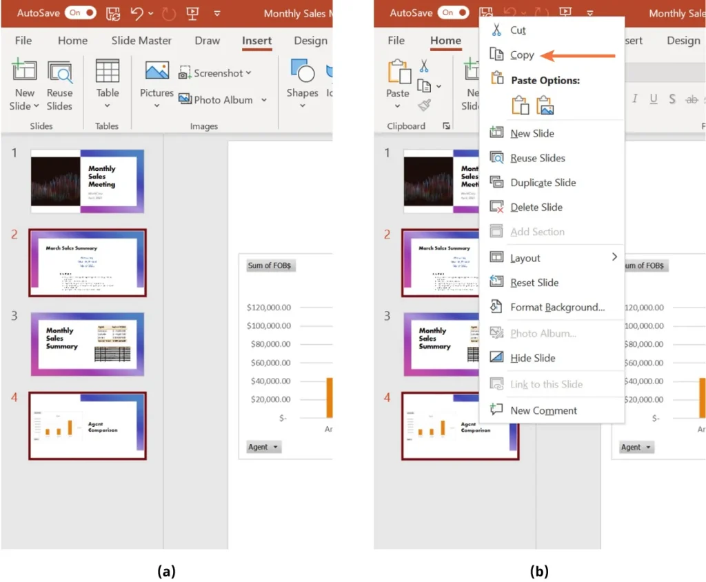 A composite image of two PowerPoint interface screenshots. In the left screenshot (a), the "Insert" tab is selected, showing options to insert slides, tables, pictures, and shapes. The slide pane displays four slides: 1) Monthly Sales Meeting, 2) March Sales Summary with a chart and table, 3) Monthly Sales Summary with charts, and 4) Agent Comparison with bar charts. In the right screenshot (b), the "Home" tab is selected, and a context menu is open next to slide 2, with the "Copy" option highlighted by an arrow. Other visible options include Cut, Paste Options, New Slide, Reuse Slide, Duplicate Slide, Delete Slide, Add Section, and Layout.