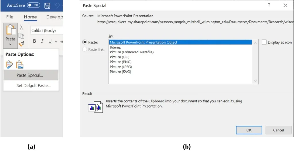 The image shows two screenshots of Microsoft Office applications. The left screenshot (a) displays the "Paste Special" option in the "Home" tab of a Word document, with options to paste as different formats. The right screenshot (b) shows the "Paste Special" dialog box with various paste options such as Microsoft PowerPoint Presentation Object, Bitmap, Picture (Enhanced Metafile), Picture (GIF), Picture (PNG), Picture (JPEG), and Picture (SVG). There is also an option to display the pasted content as an icon.