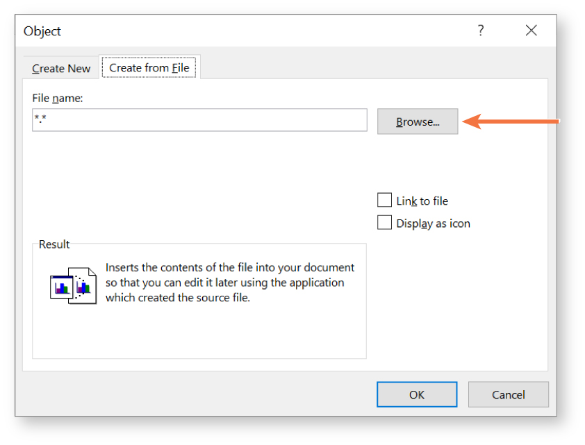 A screenshot of the 'Object' dialog box in Microsoft Word with the 'Create from File' tab selected. The dialog box includes a 'File name:' field with '.' entered and a 'Browse...' button beside it. Below are two unchecked options: 'Link to file' and 'Display as icon.' The 'Result' section shows an icon of a document with charts and a description stating that the file contents will be inserted and editable using the source application. 'OK' and 'Cancel' buttons are located at the bottom right.