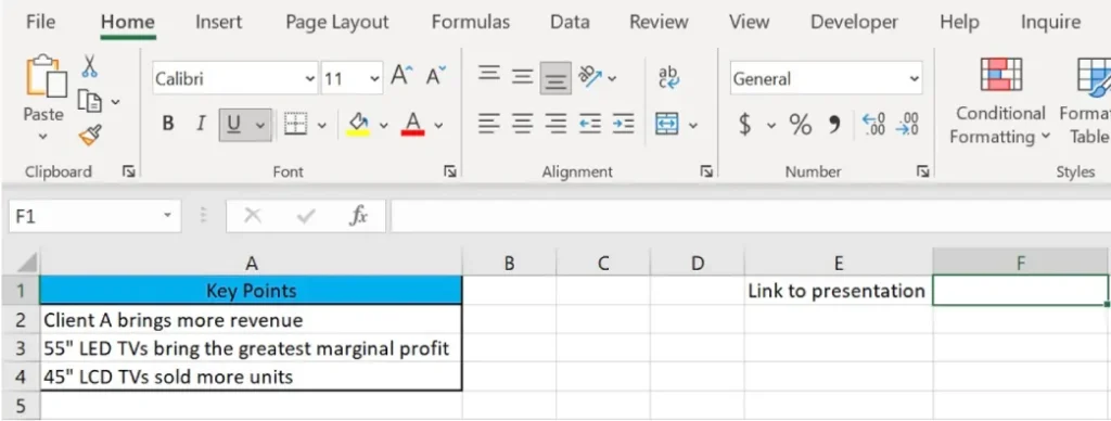 A screenshot of an Excel spreadsheet with the Home tab selected. The table begins with a header "Key Points" in cell A1, followed by three rows: "Client A brings more revenue" (A2), "55" LED TVs bring the greatest marginal profit" (A3), and "45" LCD TVs sold more units" (A4). Column E includes a header labeled "Link to presentation".