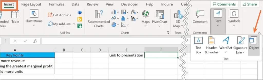 A screenshot of an Excel spreadsheet with the "Insert" tab selected in the ribbon menu. Column A is labeled "Key Points" and contains three rows: "more revenue," "having the greatest marginal profit," and "build more units." Column E includes the text "Link to presentation." On the right side, a dropdown menu under the "Text" section displays options such as Text Box, Header & Footer, WordArt, Signature Line, and Object.