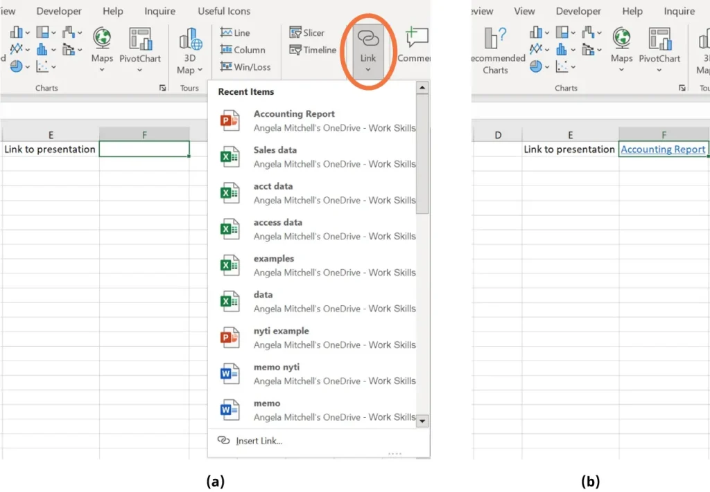 The image is split into two sections labeled (a) and (b). Section (a) displays a Microsoft Excel interface with the "Link" option circled in orange under the "Insert" tab. A dropdown menu shows recent documents including "Accounting Report" and "Sales data," located in Angela Mitchell's OneDrive under the "Work Skills" folder. Section (b) shows an Excel spreadsheet where cell E1 reads "Link to presentation" and cell F1 contains a hyperlink labeled "Accounting Report."