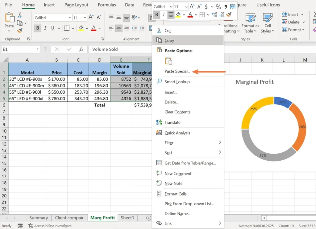 A screenshot of an Excel spreadsheet displaying a table with columns labeled "Model," "Price," "Cost," "Margin," and "Volume Sold." The table includes data for four LCD models, detailing their pricing, cost, margin, and units sold. To the right, a pie chart titled "Marginal Profit" shows segments labeled 25%, 28%, and 37%. A context menu is open with various options, including "Paste Special," which is highlighted.