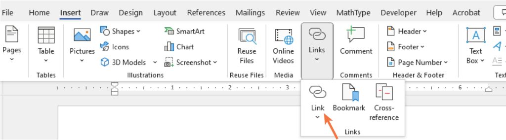 A screenshot of the Microsoft Word toolbar, specifically the "Insert" tab. The toolbar shows various options such as Pages, Tables, Illustrations (including Pictures, Icons, 3D Models), SmartArt, Chart, Screenshot, Reuse Files, Online Videos under the Media section. The Links section is expanded to show options for Link, Bookmark, and Cross-reference.