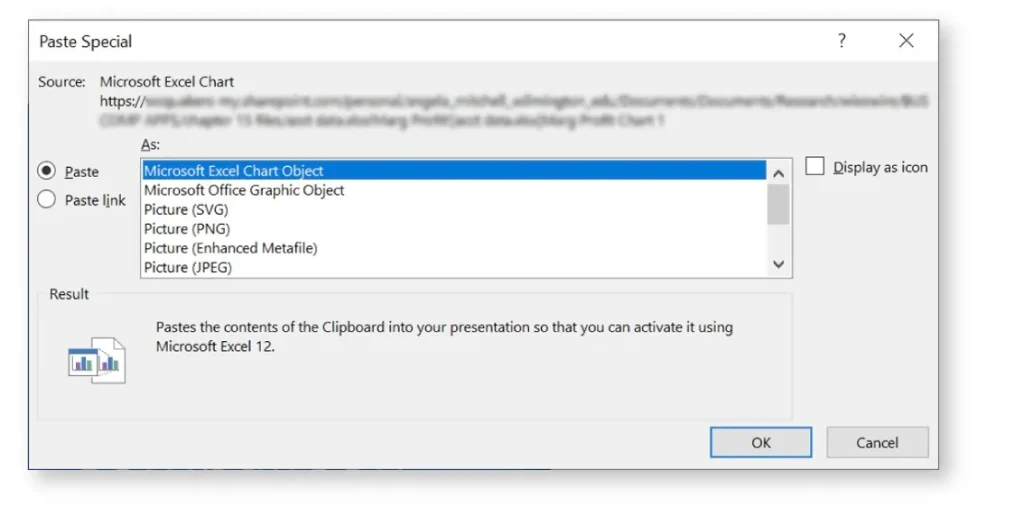 A "Paste Special" dialog box from a software application showing options for inserting a Microsoft Excel chart. The source is listed as "Microsoft Excel Chart" with a blurred URL. Available paste formats include Microsoft Excel Chart Object (selected), Microsoft Office Graphic Object, Picture (SVG), Picture (PNG), Picture (Enhanced Metafile), and Picture (JPEG). Additional options include "Paste as link" and "Display as icon." OK and Cancel buttons appear at the bottom.