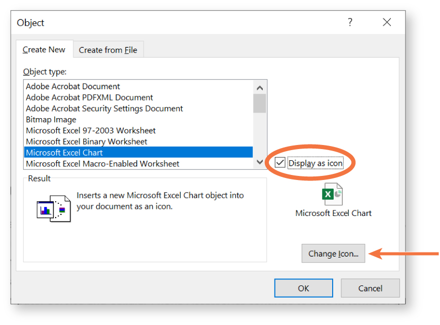 A screenshot of the "Object" dialog box in Microsoft Word with the "Create New" tab selected. The "Object type" list includes options like Adobe Acrobat Document, Bitmap Image, and Microsoft Excel Chart, with the latter highlighted. The "Display as icon" checkbox is checked. A preview section shows an icon and text indicating that a new Microsoft Excel Chart will be inserted as an icon. Buttons labeled "Change Icon...", "OK", and "Cancel" appear at the bottom right.