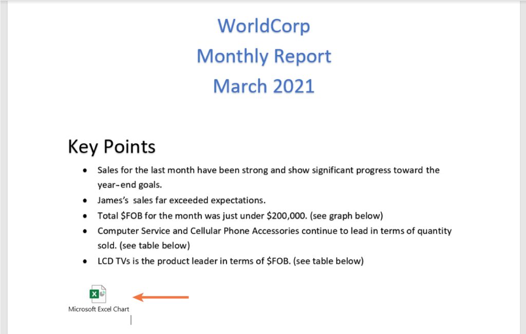 A document titled "WorldCorp Monthly Report March 2021" listing key sales highlights. It notes strong monthly sales, exceptional performance by James, total $FOB just under $200,000, top-selling categories being Computer Service and Cellular Phone Accessories, and LCD TVs leading in $FOB. A Microsoft Excel Chart icon appears at the bottom with an arrow pointing to it.