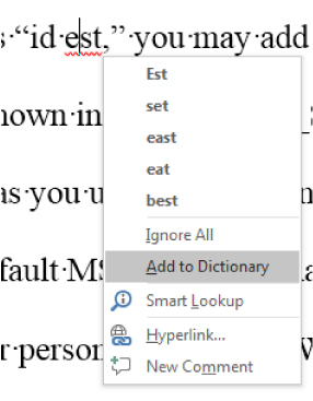 A screenshot of a word processing software showing the misspelled phrase 'id est' underlined in red. A context menu is open with spelling suggestions such as 'Est,' 'set,' 'east,' 'eat,' and 'best.' Additional options include 'Ignore All,' 'Add to Dictionary,' 'Smart Lookup,' 'Hyperlink,' and 'New Comment.