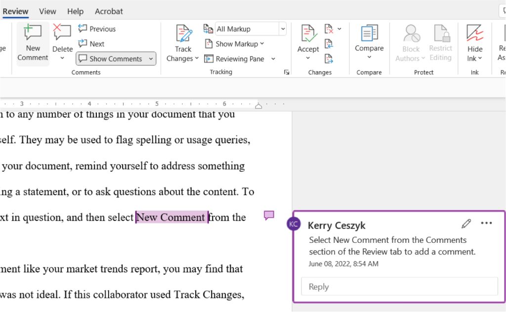A screenshot of a Microsoft Word document with the Review tab open. A purple-highlighted comment is visible, with a comment box on the right from 'Kerry Ceszyk' stating: 'Select New Comment from the Comments section of the Review tab to add a comment. June 08, 2022, 8:54 AM.' The toolbar displays options including New Comment, Delete, Previous, Next, Track Changes, Show Markup, Reviewing Pane, Accept, Reject, and Compare.