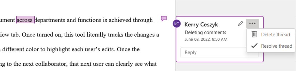 A screenshot of a document with the word 'across' highlighted in purple. A comment box on the right from Kerry Ceszyk reads 'Deleting comments' and is timestamped June 08, 2022, 9:50 AM. The comment box includes options to delete or resolve the thread.