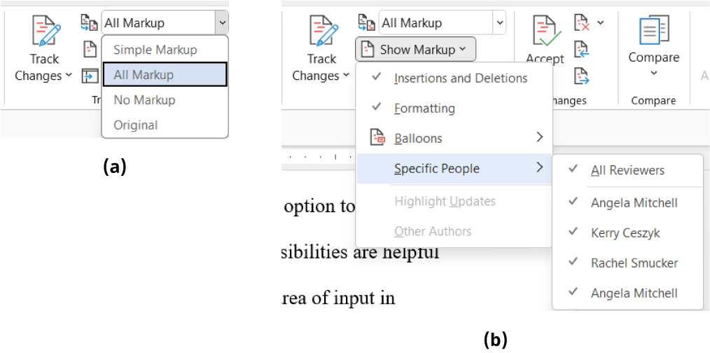 Two screenshots of the 'Track Changes' feature in a word processing software. Screenshot (a) shows the 'All Markup' dropdown menu with options: Simple Markup, All Markup (selected), No Markup, and Original. Screenshot (b) displays the 'Show Markup' dropdown menu with options including Insertions and Deletions, Formatting, Balloons, Specific People (selected), Highlight Updates, and Other Authors. Under 'Specific People,' reviewers listed are All Reviewers, Angela Mitchell (checked twice), Kerry Ceszyk, and Rachel Smucker.
