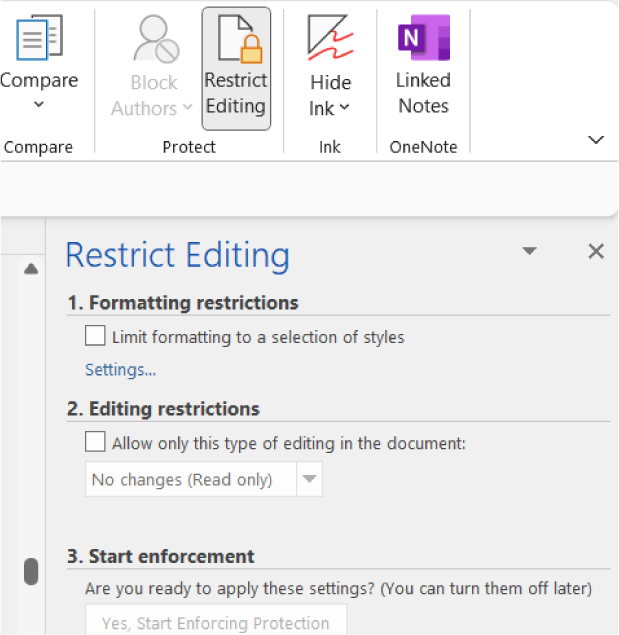 A screenshot of the 'Restrict Editing' pane in a Microsoft Word document. The top toolbar displays options including Compare, Block Authors, Restrict Editing, Hide Ink, and Linked Notes. The pane is divided into three sections: Formatting restrictions with a link to Settings, Editing restrictions set to 'No changes - Read only,' and Start enforcement with a button labeled 'Yes, Start Enforcing Protection.