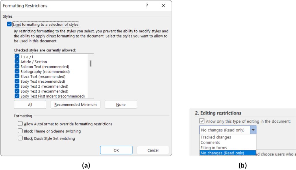 Two screenshots from a word processing software showing dialog boxes for formatting and editing restrictions. Screenshot (a) is titled 'Formatting Restrictions' and includes options to limit formatting to selected styles such as Article, Balloon Text, Bibliography, and Body Text. It also offers settings to allow AutoFormat to override restrictions and block theme or style switching. Screenshot (b) is titled 'Editing Restrictions' and displays a checkbox to enable editing limitations, with a dropdown menu offering options like No changes (Read only), Tracked changes, Comments, and Filling in forms.
