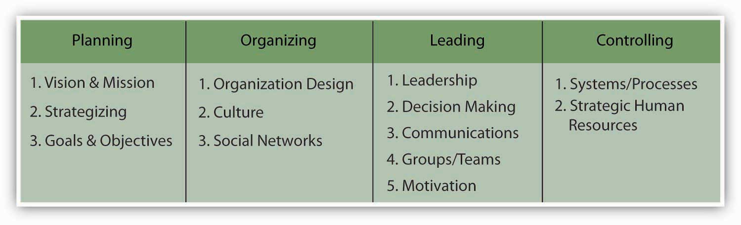 Planning: Vision and Mission, Strategizing, Goals and Objectives. Organizing: Organization Design, Culture, Social Networks. Leading: Leadership, Decision Making, Communications, Groups/Teams, Motivation. Controlling: Systems/Processes, Strategic Human Resources