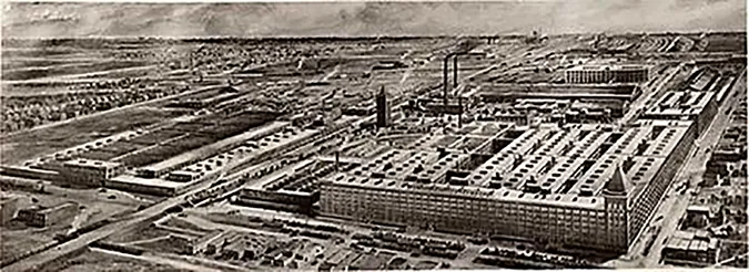 Black and white aerial photo of the Hawthorne Electric Plant