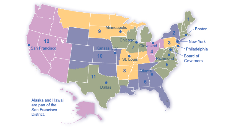 The Twelve Federal Reserve Districts There are twelve regional Federal Reserve banks, each with its district.