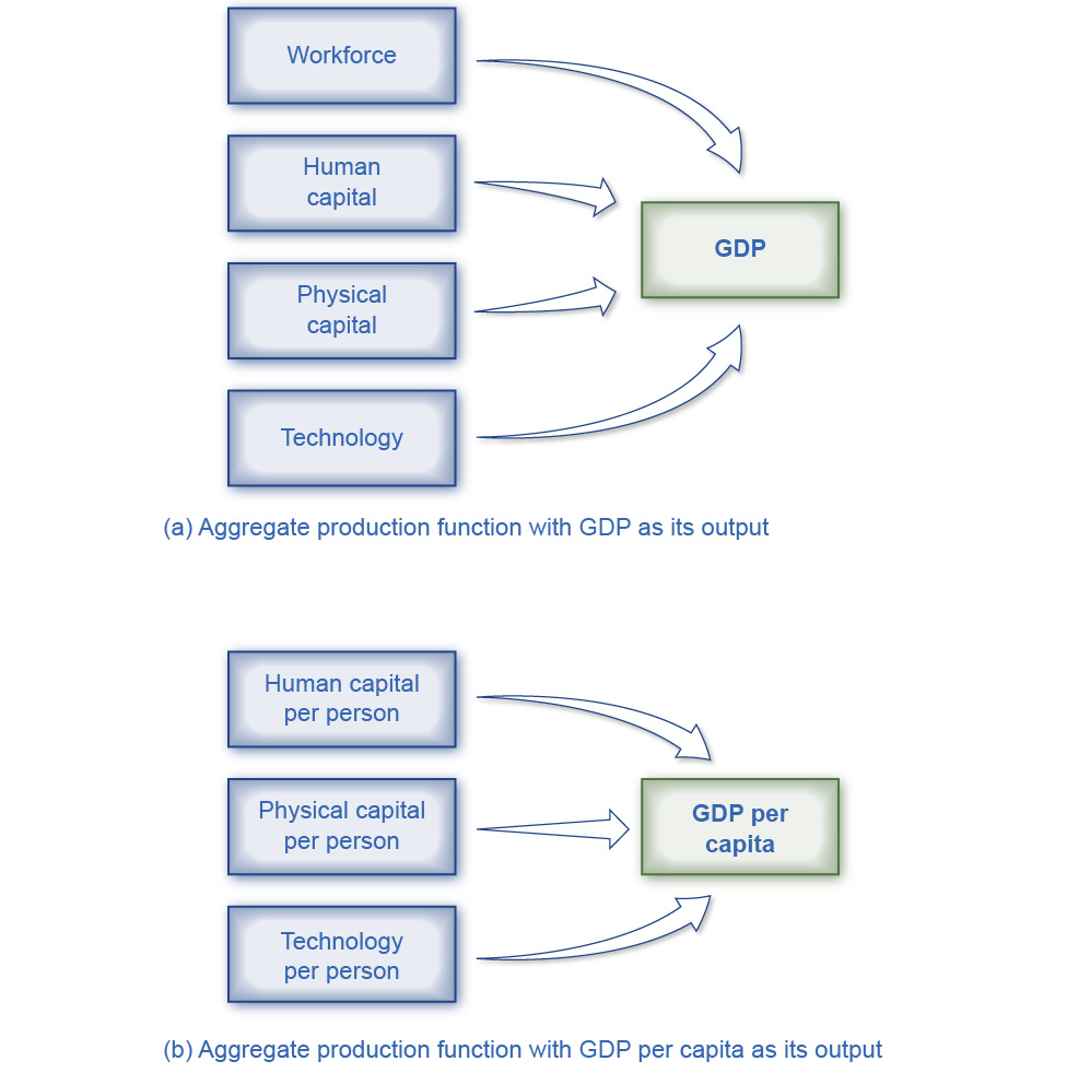 ggregate Production Functions An aggregate production function shows what goes into producing the output for an overall economy. (a) This aggregate production function has GDP as its output. (b) This aggregate production function has GDP per capita as its output. Because we calculate it on a per-person basis, we already figure the labor input into the other factors and we do not need to list it separately.